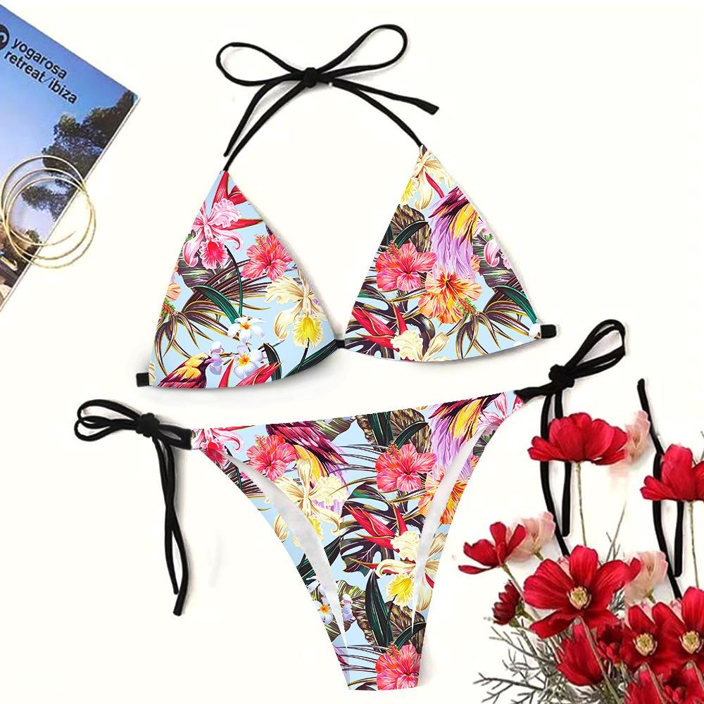 European and American Sexy Swimsuit Strap Digital Printing Bikini Three-Point Beach Swimsuit