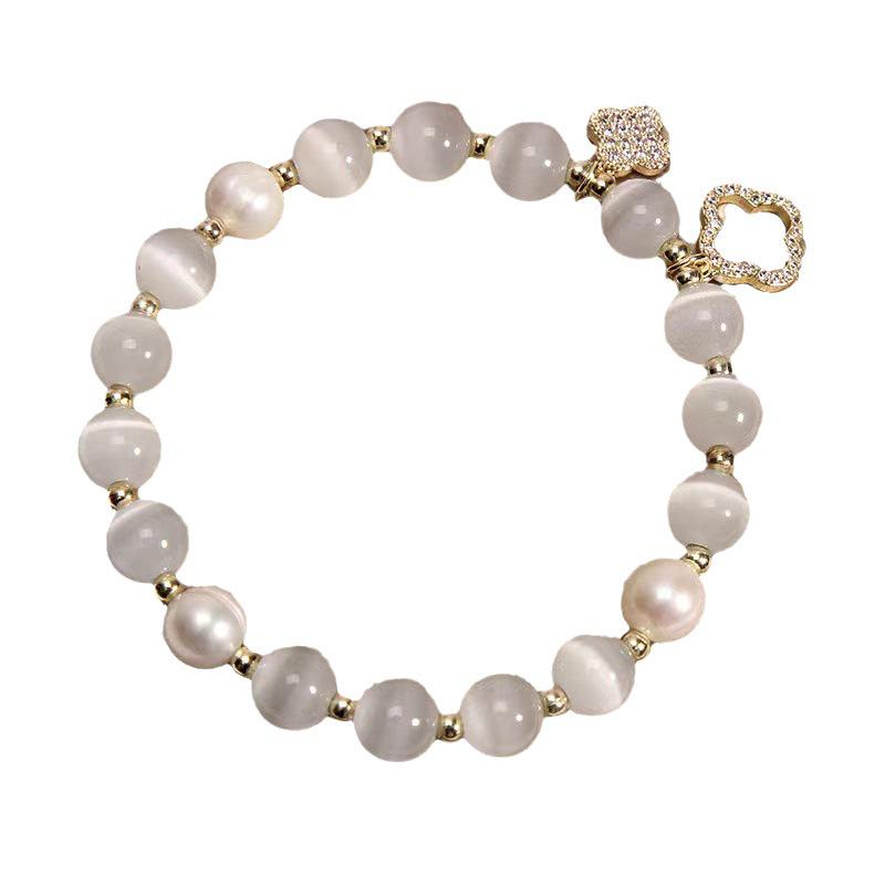 Xiaohongshu Four-Leaf Clover Bracelet with Cat's Eye Stone & Freshwater Pearl