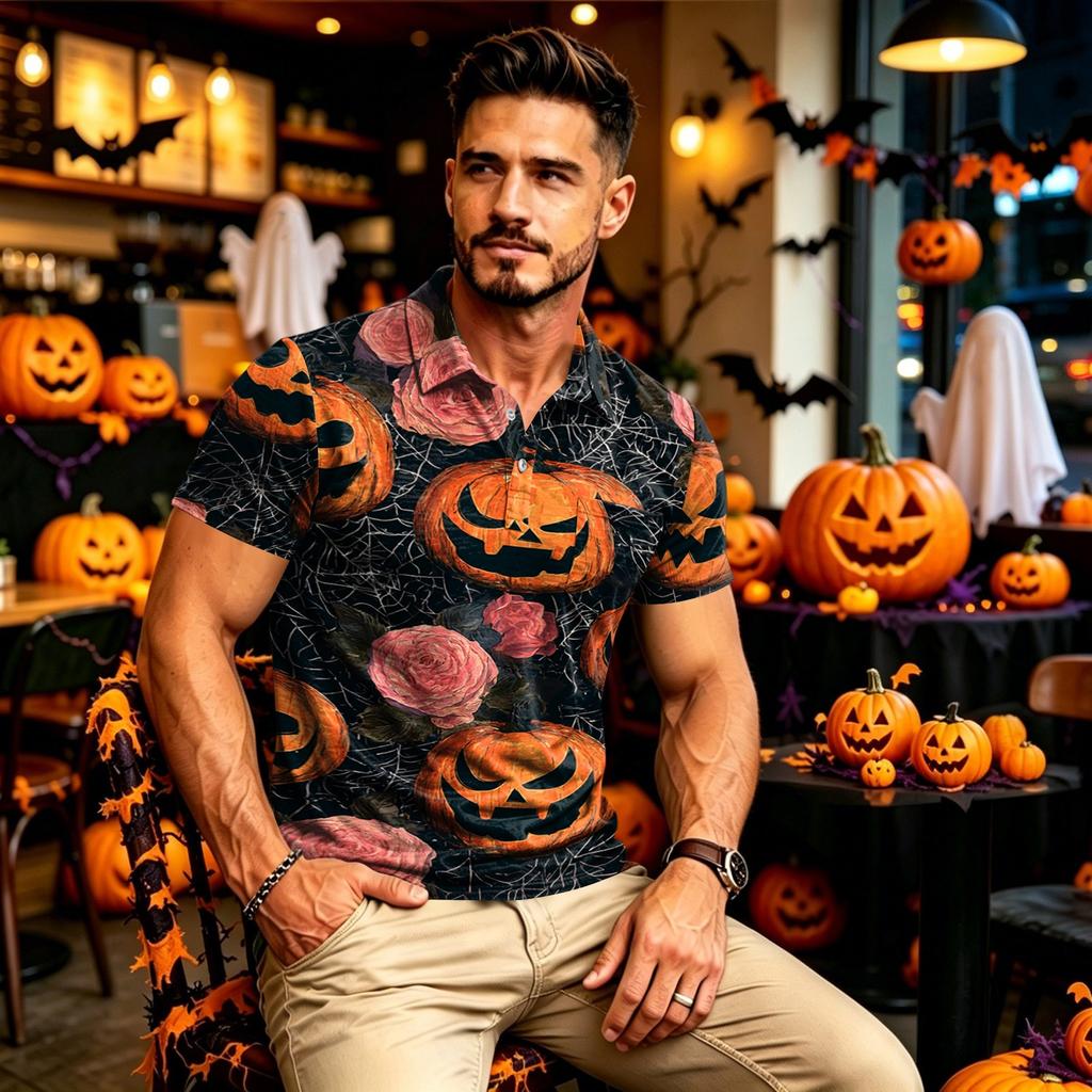 Men's Quick Dry Long Sleeve Golf Shirt with Chest Pocket Halloween Print