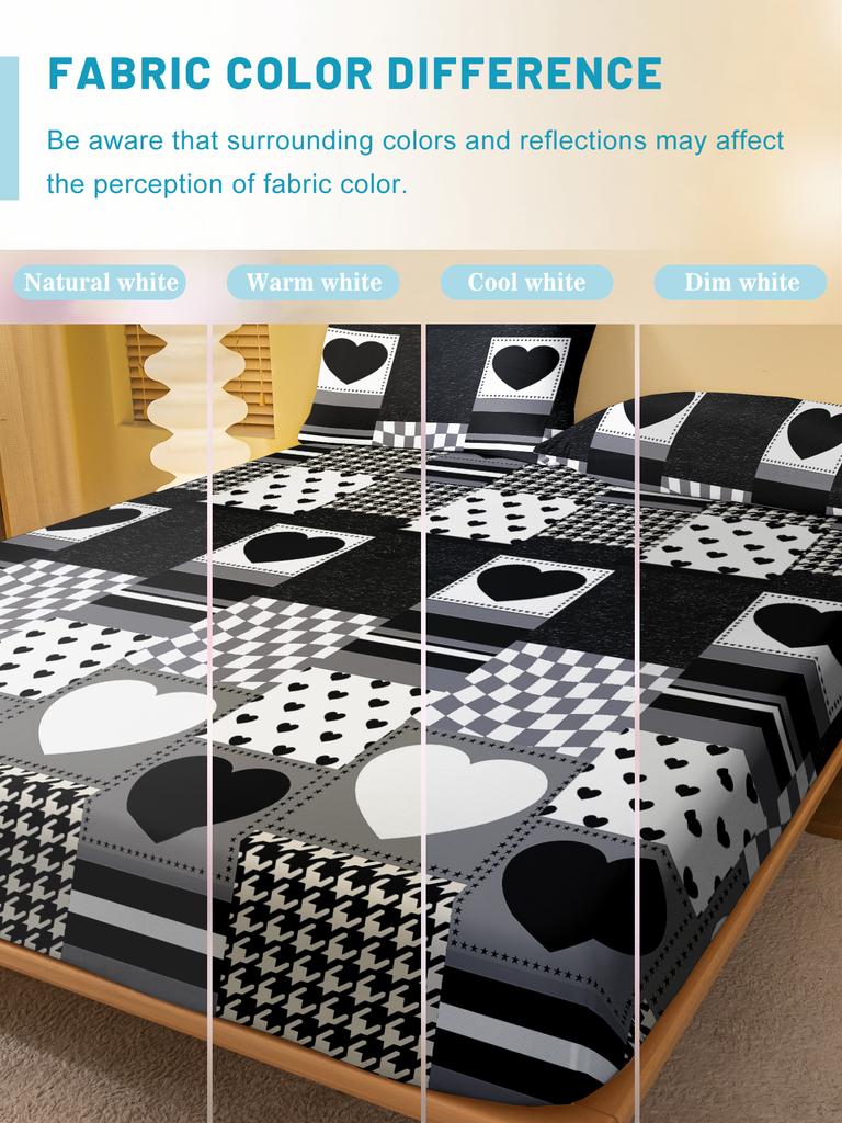 1 Simple Modern Heart-Shaped Geometry Printed Matte Fitted Sheet, Bedroom Printed Bed Cover, Bedding (Excluding Pillowcases)
