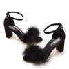 7cm Thick Heel Shallow Mouth One-length Strap Feather Sandals Round Toe Square Root Fashionable Casual Summer Sandals Large Size