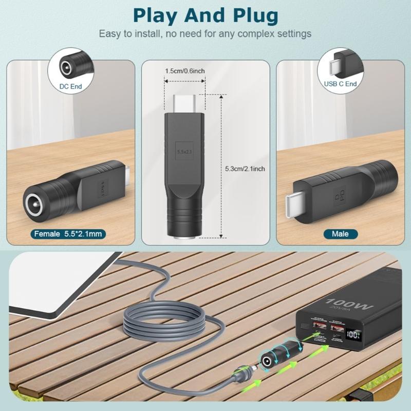 DC5521 Power Adapter USB C Male To DC5.5x2.1mm Converter for 20V Input PD100W Source for Mini