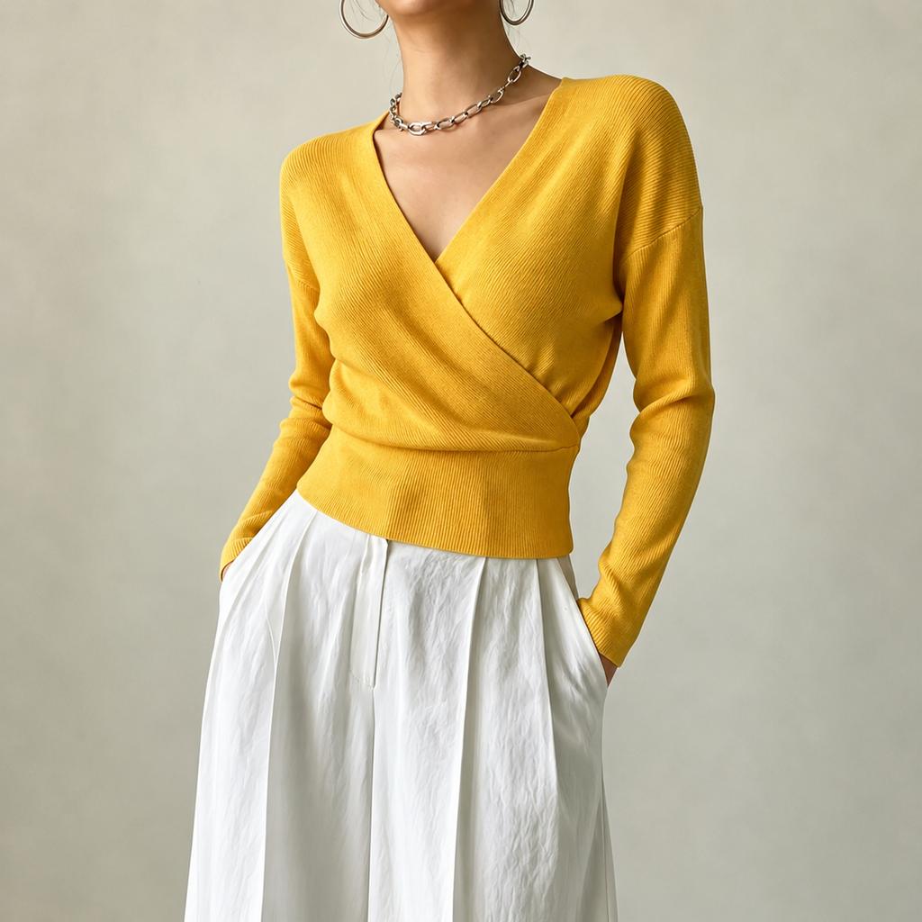 Women's Color Long Sleeve Cross Front Waist Tie Knit Top