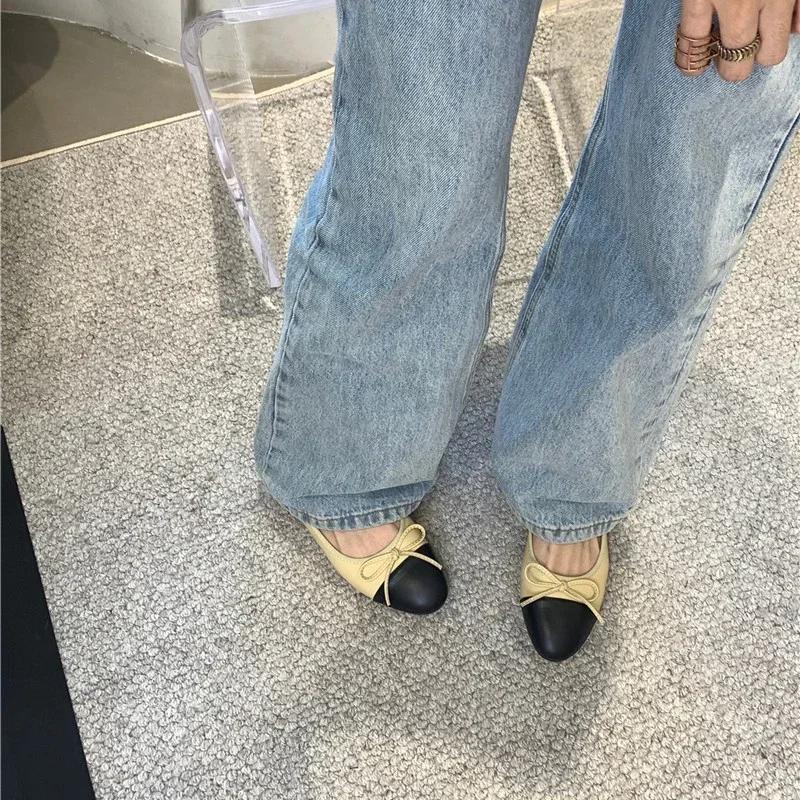Fashion Women Leather Flat Shoes Fashionable Round Toe Casual Ballerina Bow Ballet Shoes Soft Moccasin Black with Beige  Lolita Shoes