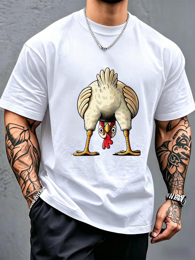 Silly Upside Down Chicken Cartoon Graphic Unisexs Cotton Short Sleeve Tee Funny Animal Casual Top For Humor Loving Adult Male Fans
