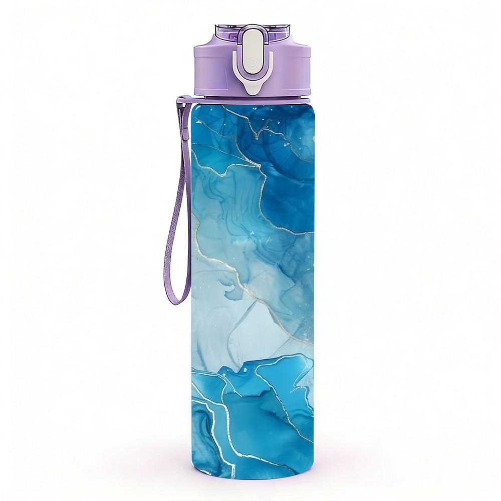 1PC Light Cyan Alcohol Ink Pattern 750ml Color Plastic Sports Water Bottle Leakproof Flip Straw Lid Suitable for Sports Office Home Use