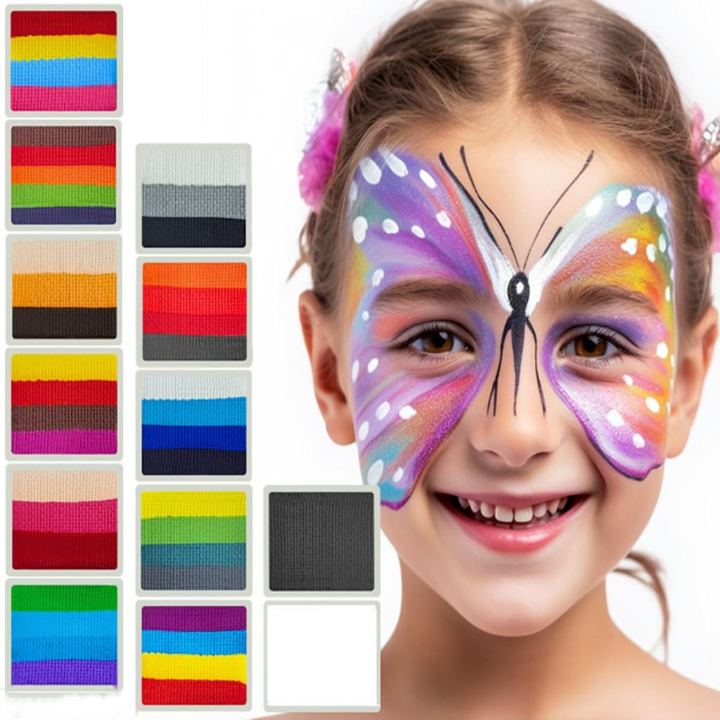 Professional Face and Body Painting Rainbow Stripe Palette with 13 Brushes and 6 Safe and for Face and Body Painting for and Parties Kit,