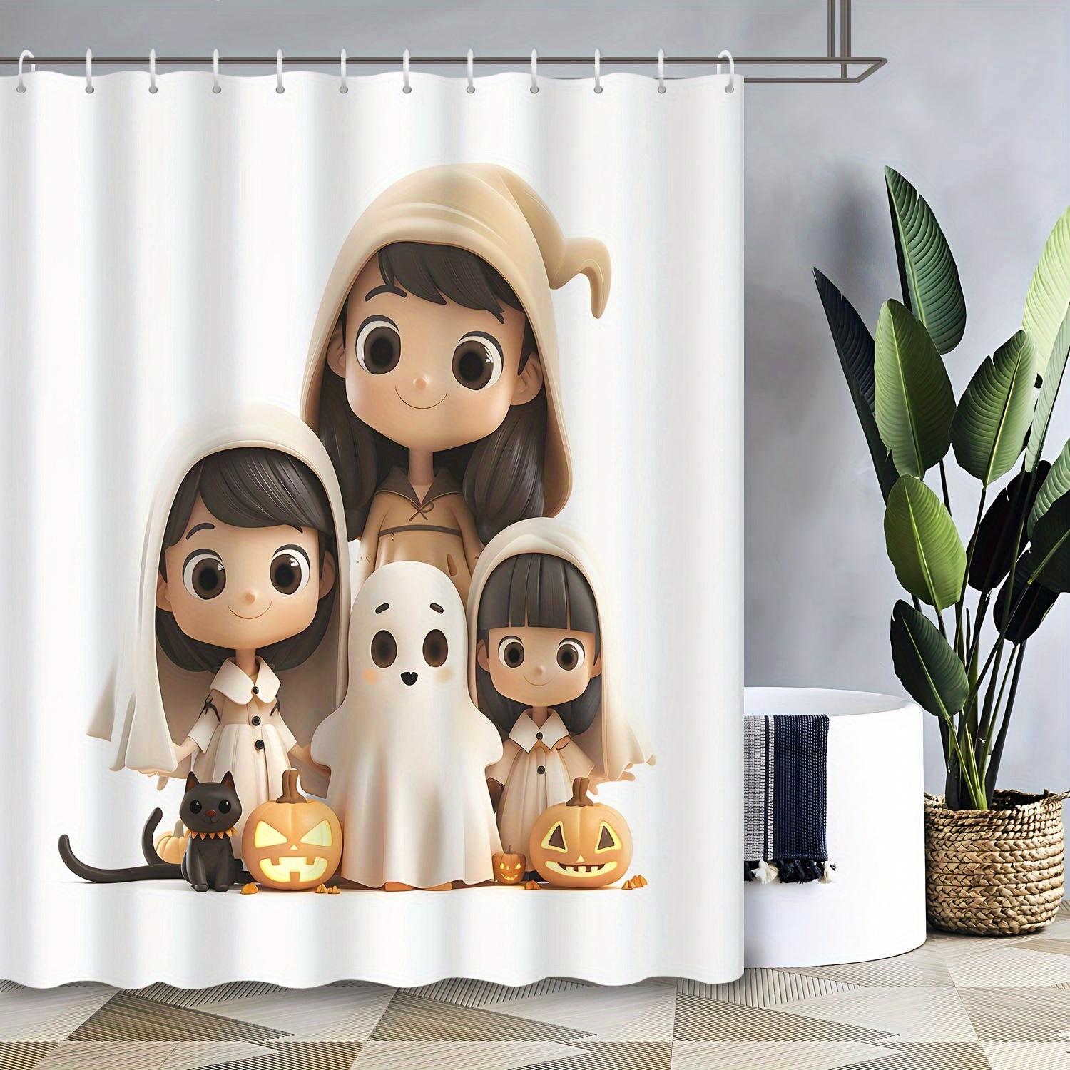 

Shower Curtain: Cute Halloween Characters With Pumpkins And A Ghost For A Festive And Fun Bathroom Decor W60H190(CM)-1 Pcs