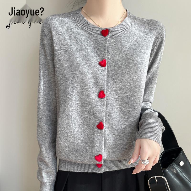 

2025 Sweet Style Red Heart Button Fleece Knit Cardigan for Women L