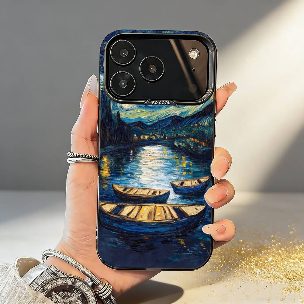 V-Van G-Gogh The Starry Night Phone Case For iPhone17,16,15,14,13,12,11,Pro,MAX Gray Matte Silicone Black Cover