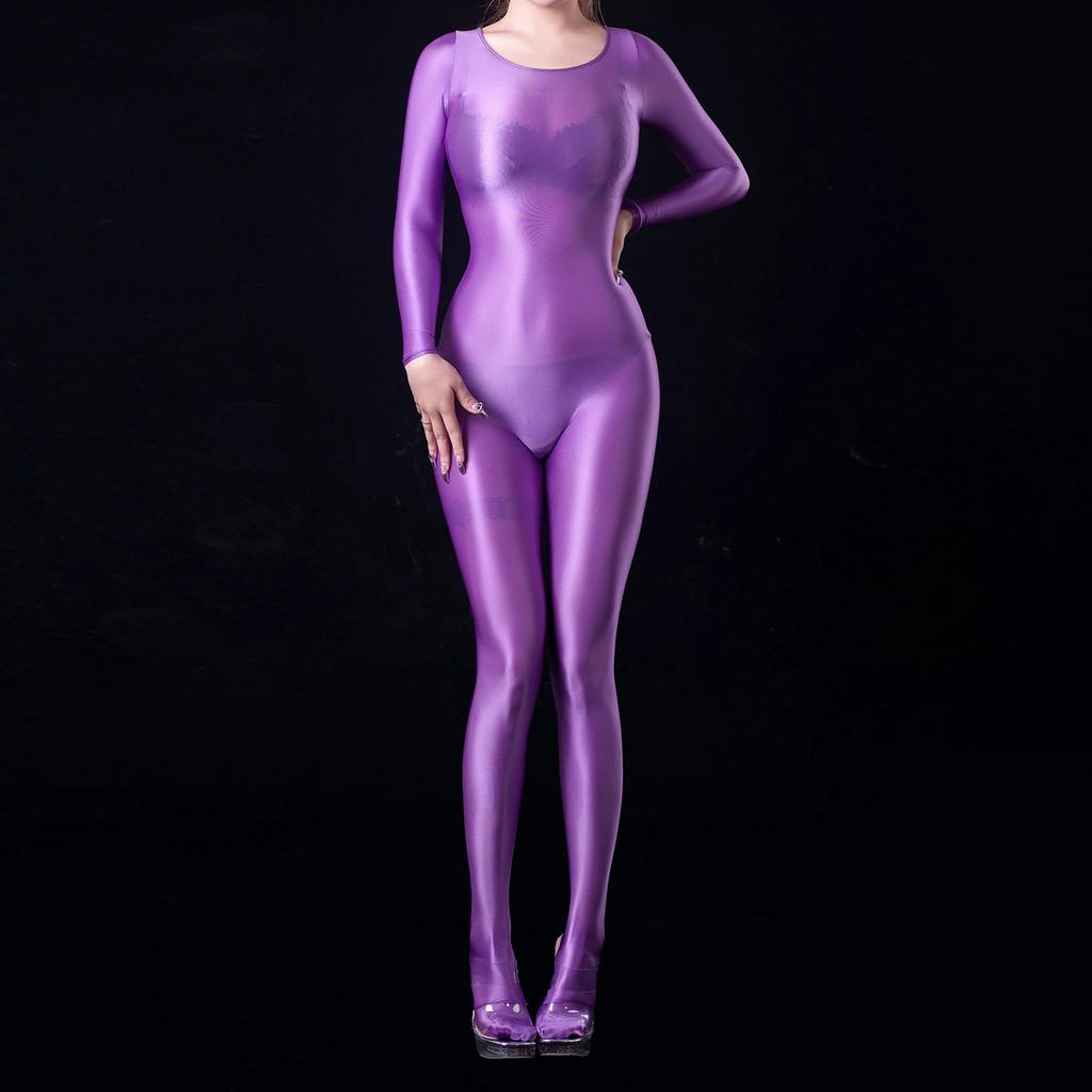 Sexy Women Oil Glossy Shiny Elastic Bodysuit Yoga Shapping Tights Bodycon Silky Satin Smooth Jumpsuits Maid Leotard Candy Color