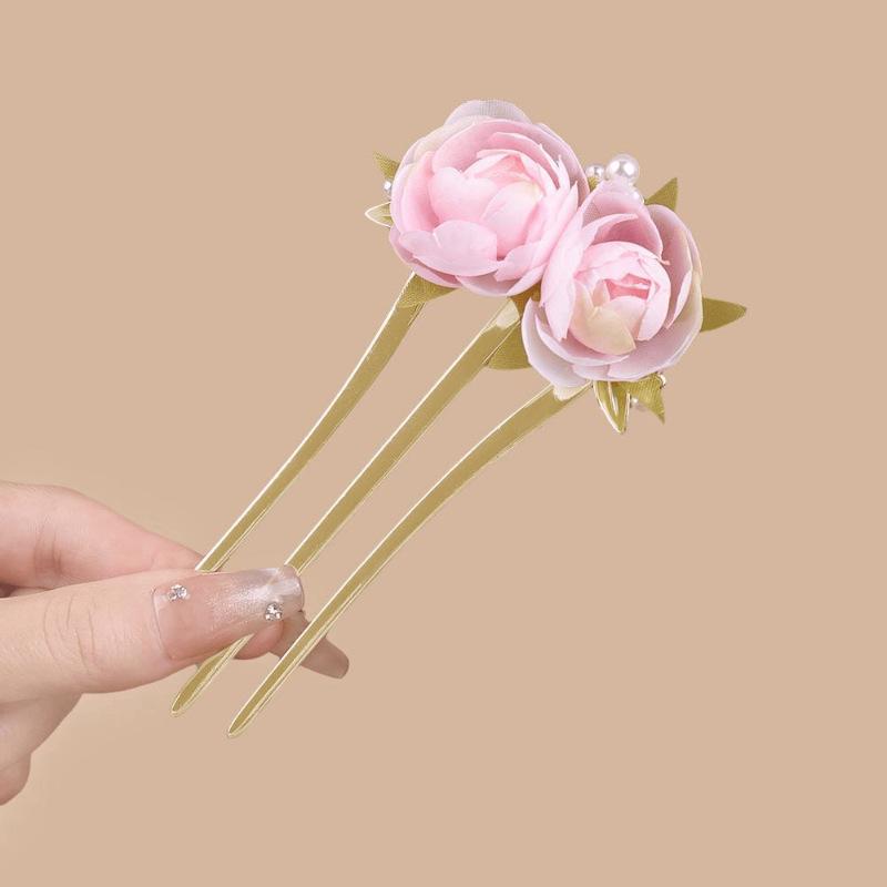 New Chinese Style Peony Beaded Three Teeth Hair Fork Vintage Elegant Bun Hair Accessories