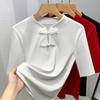Chinese Style Stand-up Collar Mid-sleeved T-shirt for Women New Women's Solid Color Half-sleeved Cotton T-shirt for New Chinese Style Button Top