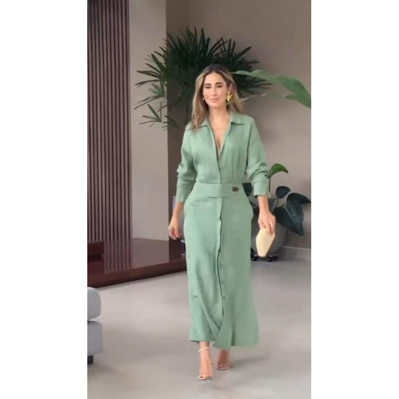 Modna sukienka dla kobiet Luksusowa elegancka sukienka w jednolitym kolorze Jesienna impreza Wsuwane kieszenie Z długim rękawem Nieregularne sukienki koszulowe