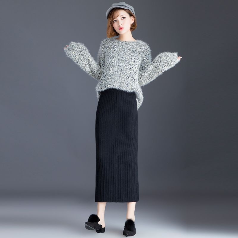 High-End Women's Autumn Winter Thickened Knitted Midi Skirt Slit Bodycon Pencil Skirt Slim-Fitting Wool Skirt