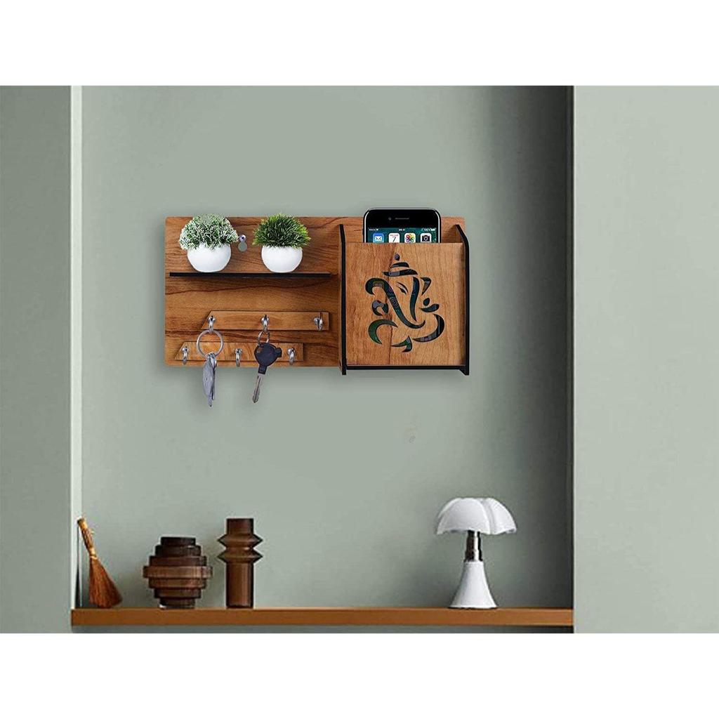 Mehrzweck-Schlüsselhalter aus Holz mit Ganesha-Motiv, mit mobilem Ständer und Wandregal, 6 Schlüsselhaken, 1 Stück, Holz