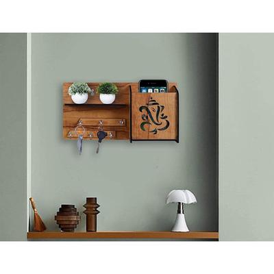 Multipurpose Wood Ganesha Key Holder with Mobile Stand and Wall Shelf Rack, 6 Key Hanger Hooks, Pack of 1, Wooden