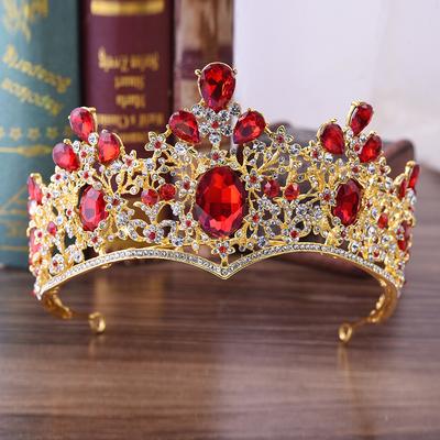 Baroque European Style Bright Red High-end Bridal Crown Bridal Jewelry Boutique Headpiece Handmade Crystal Wedding Jewelry