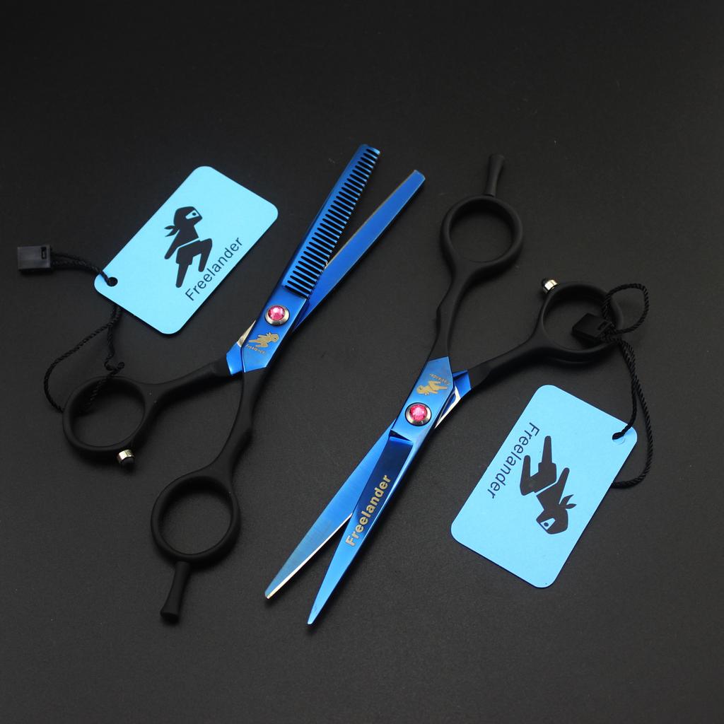 Freelander, manico blu nero, forbici per capelli, forbici piatte, forbici dentate, forbici sottili 5,5 pollici