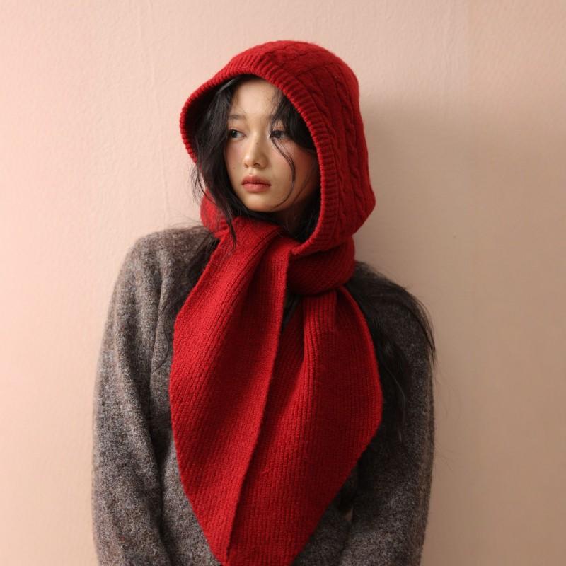 Koreanischer Stil Gestrickte Sturmhaube mit Schal Damen Winter Warm Ohrenschützer Mütze in Schwarz Mokka Grau Blau Weiß Rot