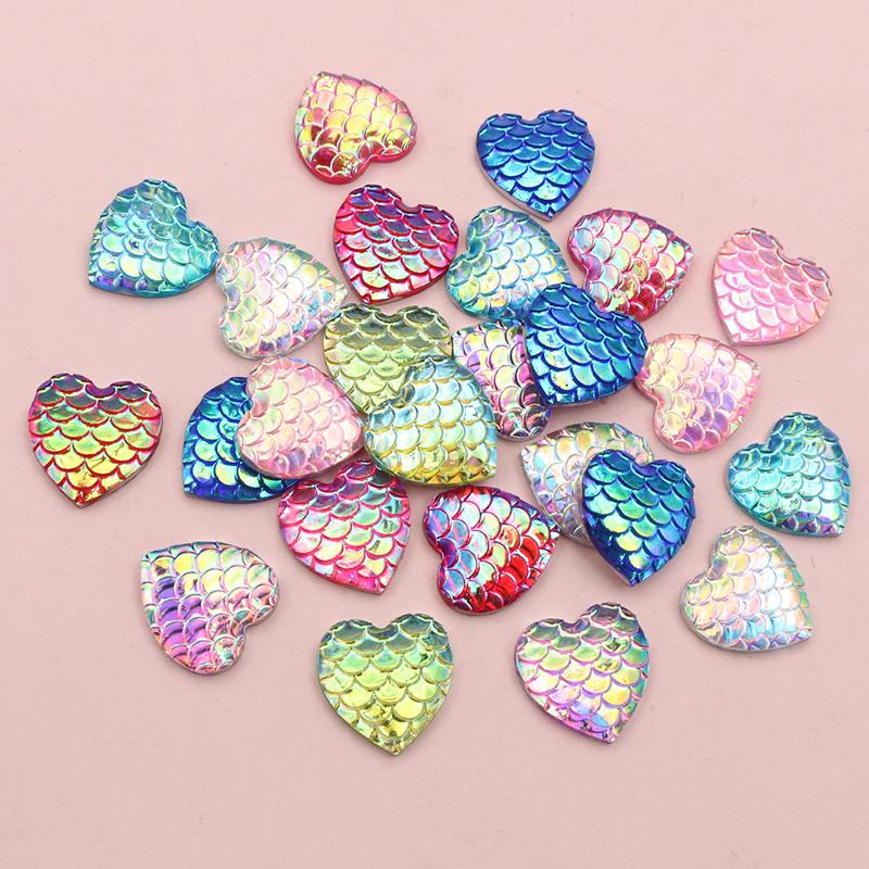 40pcs 12mm Heart Shape Mermaid Fish Scale Resin Cabochons Dome Flat Back DIY Jewelry Making Accessories for Earrings Bracelets
