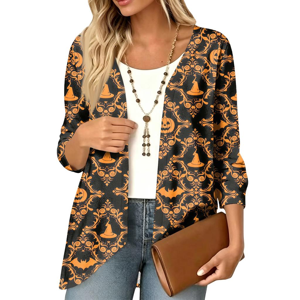 Cardigan décontracté léger ample à manches 3/4 imprimé pour femme pour Halloween