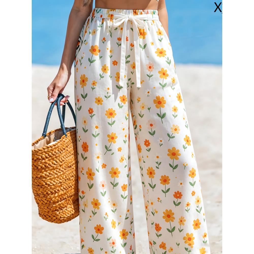 Large-sized Printed Pants, Casual Tie Waist Wide-leg Pants, Spring and Summer, Large-sized Women's Clothing