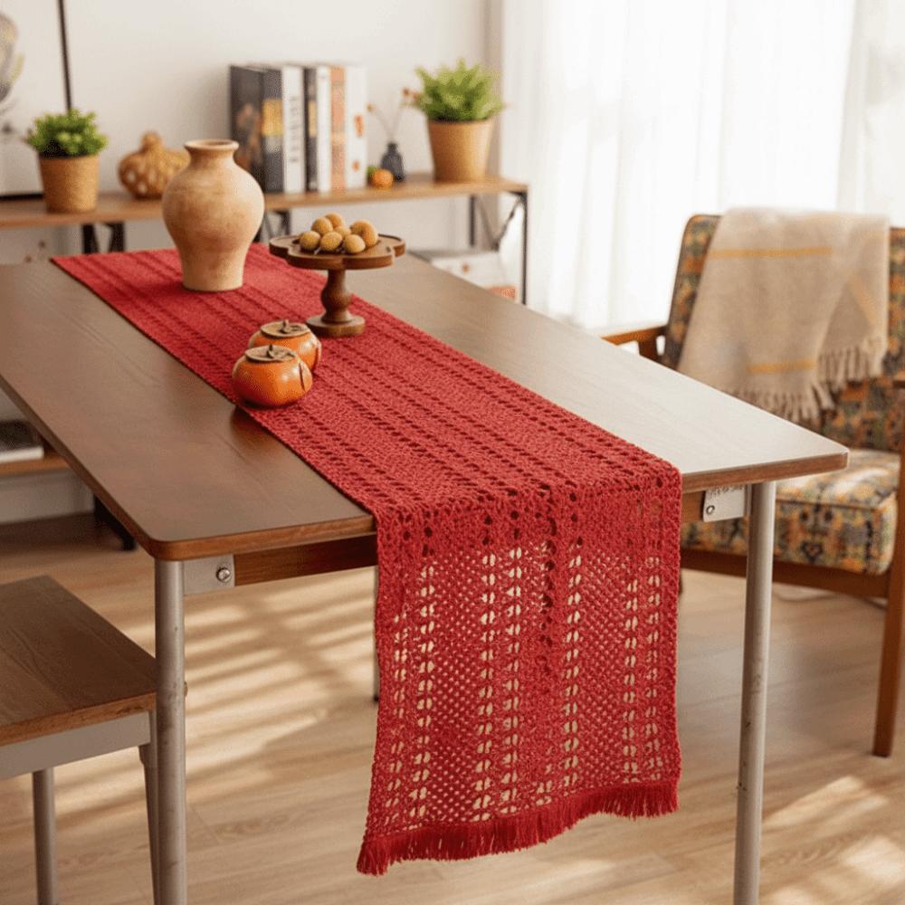 Traditional Chinese New Year Table Runner Long Strip Decorative Hollowed-out Tassels Runner Vintage Elegant Table Flag