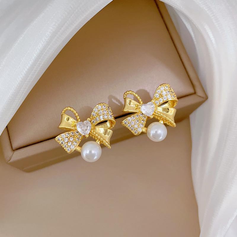 Necklace Earrings Set Light Luxury Full Diamond Bow Pearl Personality Temperament Banquet Earrings Necklace Group