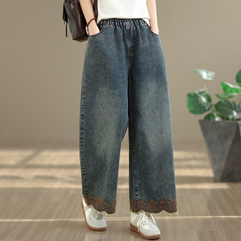 

plus size Vintage embroidery high waist casual loose Women Spring summer autumn jeans denim wide leg Pants XL