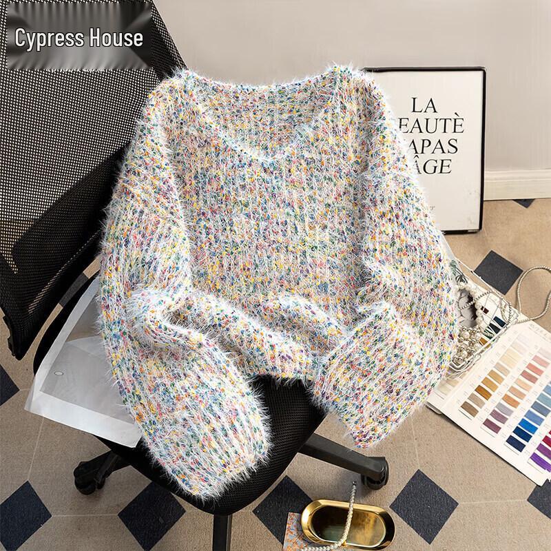 

Women s V-Neck Color Block Loose Knit Sweater One Size