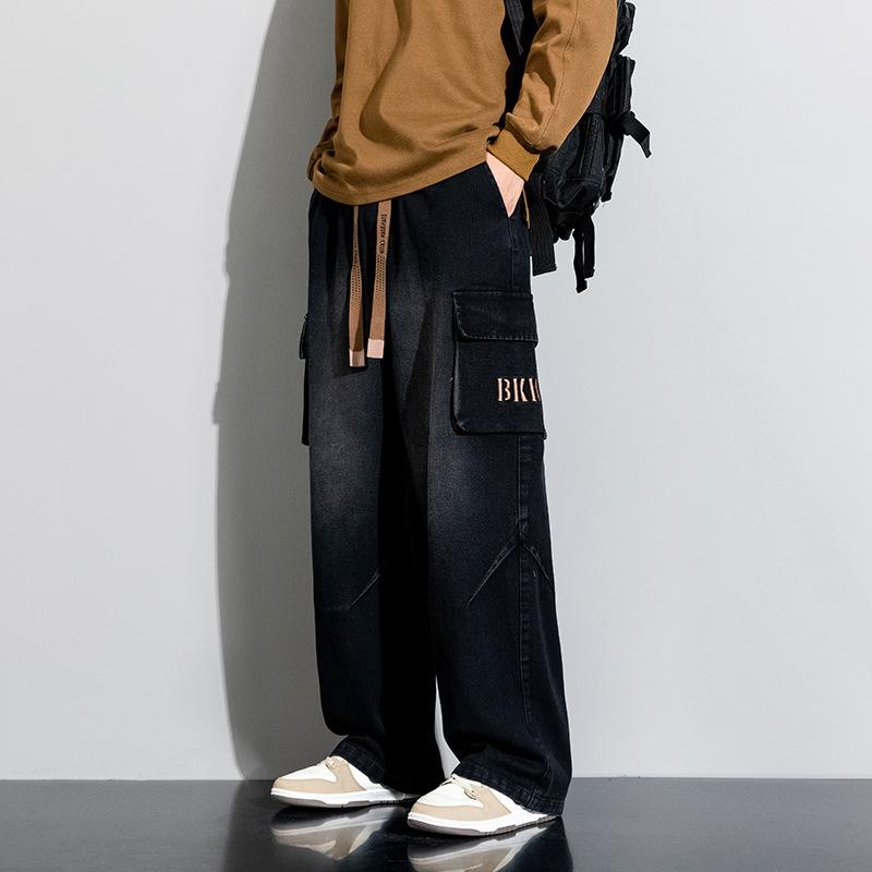

Мужские ретро выстиранные брюки больших размеров с широкими штанинами, подростковые осенние джинсы прямого кроя с высокой посадкой M чёрный