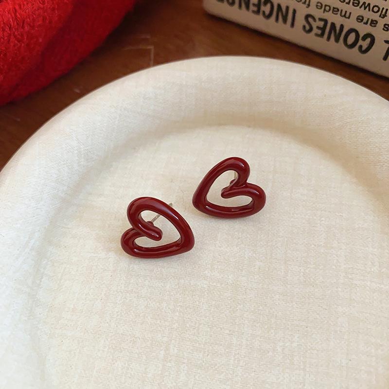 Silver Needle Red Rhombus Earrings - Light Luxury, High-End Fashion, Versatile Design, Simple and Niche Ear Hoops.