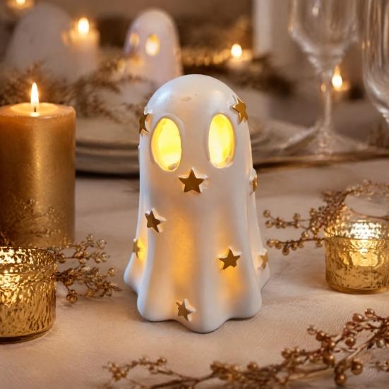 Resin Ghost Statue Halloween Decoration, Cute Light Up Figurine, Spooky Warm LED Bedside Lamp with for Shelf Mantel Indoor Home Decor Party Supplies