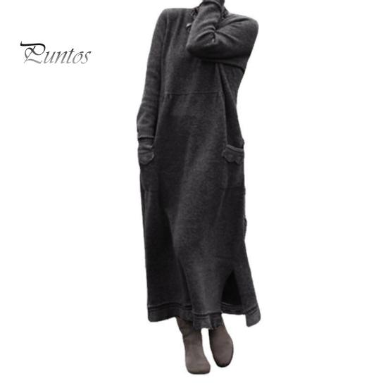 

Женское платье осень-весна с карманами, свободные длинные рукава, разрез по низу, чистый цвет, большие размеры, трикотажная кружевная отделка, повседневное платье макси M