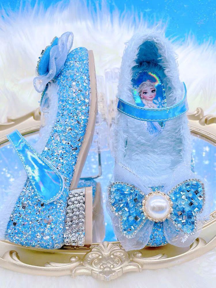 Elsa Princess Crystal High-Heeled Furry Velvet Children's Shoes - 2024 Autumn/Winter Collection