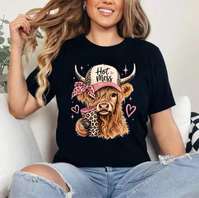 Hot Mess Leopard Highland Cow Funny Coffee Lover Humor Graphic T-Shirt