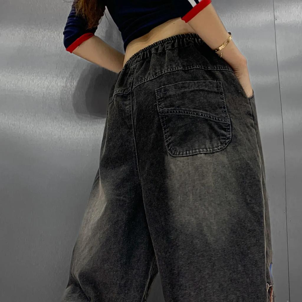 Plus Velvet Thickened Little Girl Embroidered Letters Retro Elastic Denim Harem Pants Women's Winter Leisure Was Thin and Loose Trend