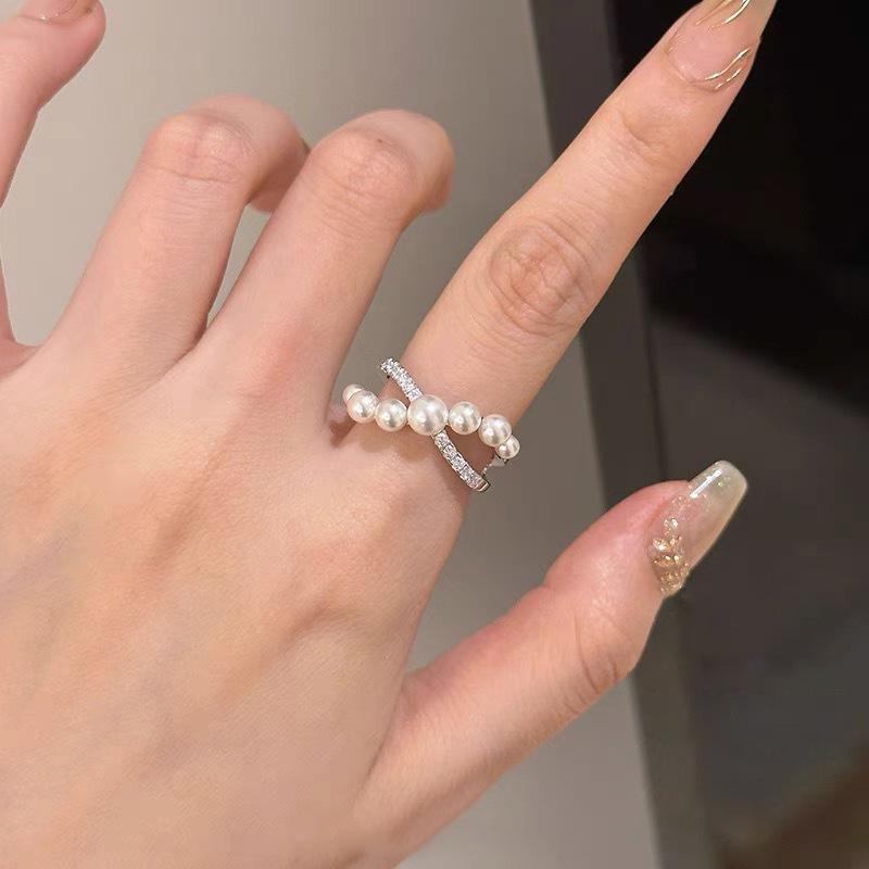 French Pearl Zirconia Cross Ring - High-End Fashion Open Design