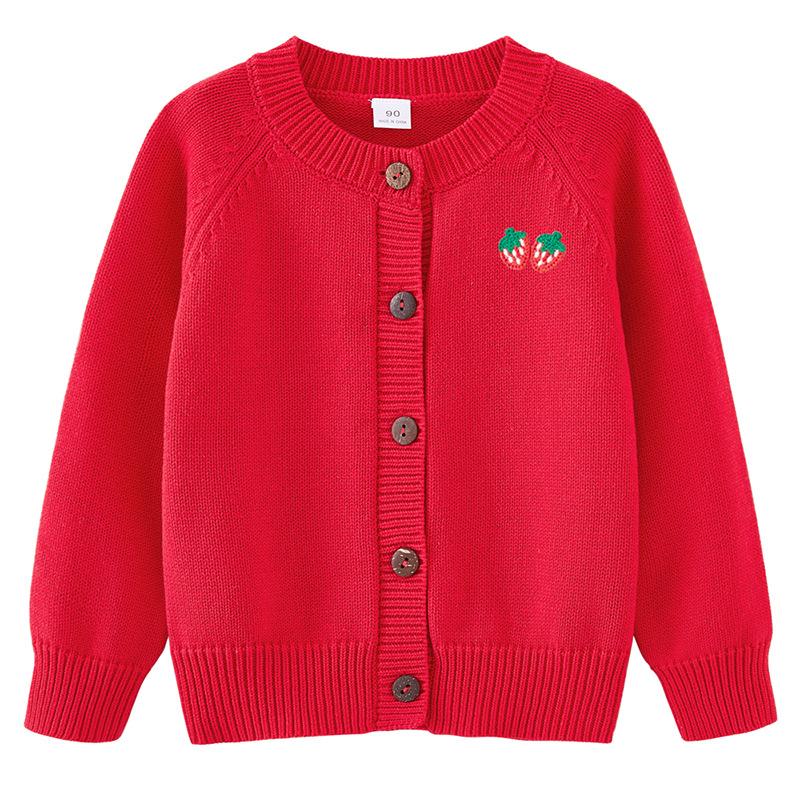Spring and Autumn Children's Sweater Long-sleeved Jacket Pure Cotton Strawberry Round Neck Girl Knitted Cardigan Wool Top