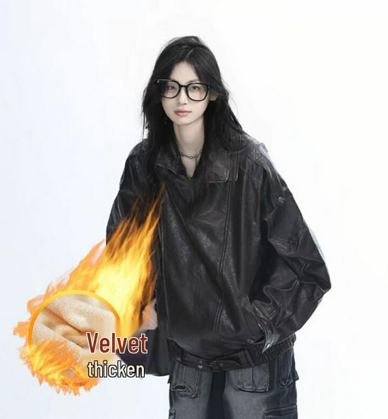 2025 Unisex Velvet-Lined Leather Motorcycle Jacket - High-End Punk Winter Style