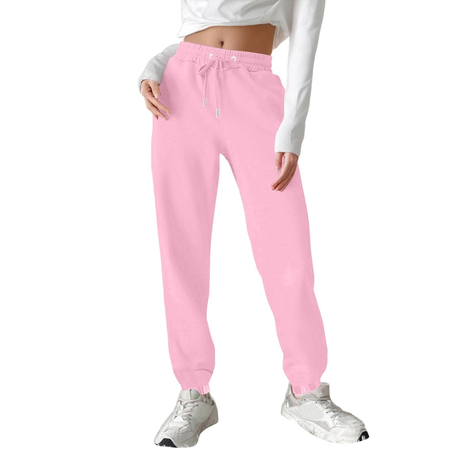 Women s High Waist Sweatpants with Pockets, Soft Drawstring Joggers, Casual Loose Lounge Pants for Workout L розовый