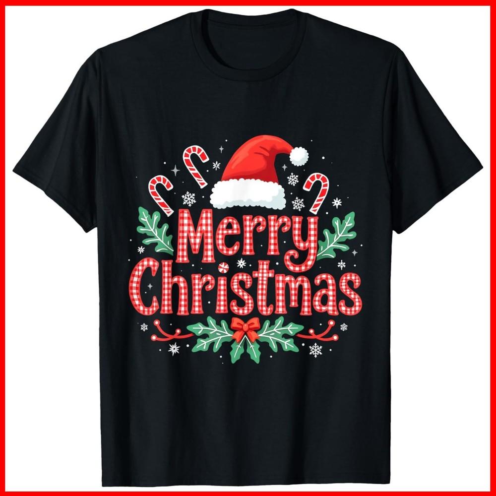 Merry Christmas Gifts Lights Red Santa Hat Black Cotton T-Shirt Unisex T-Shirt L