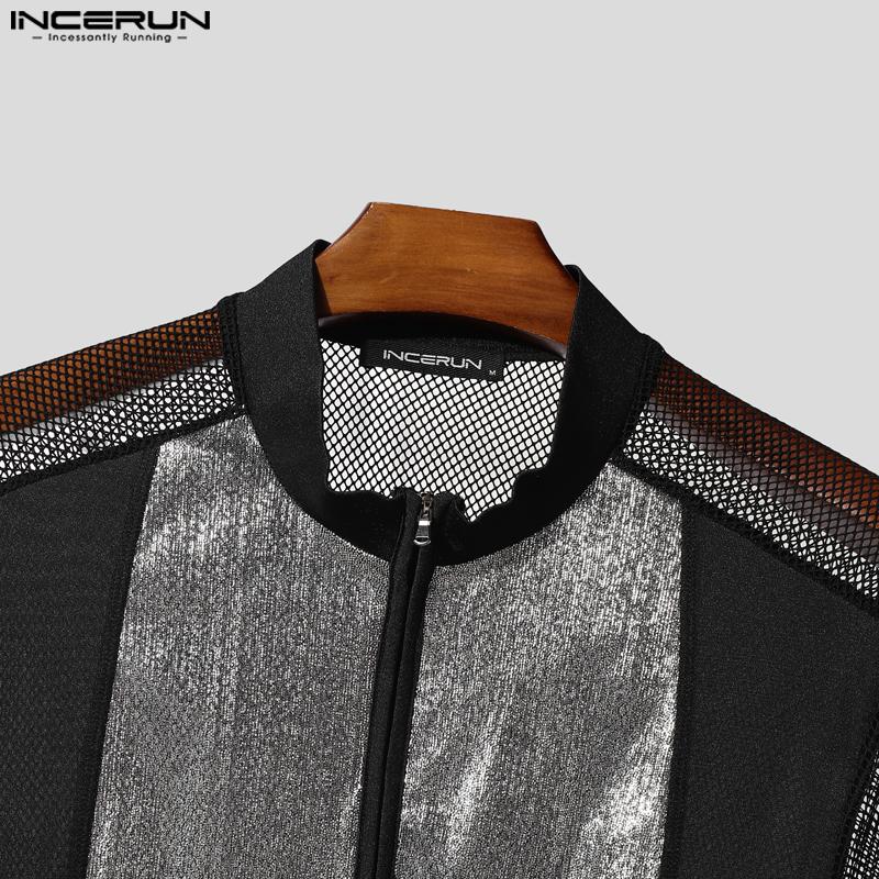 INCERUN Men Short Sleeve Mesh Sheer Glitter Patchwork Party T-shirts Tops