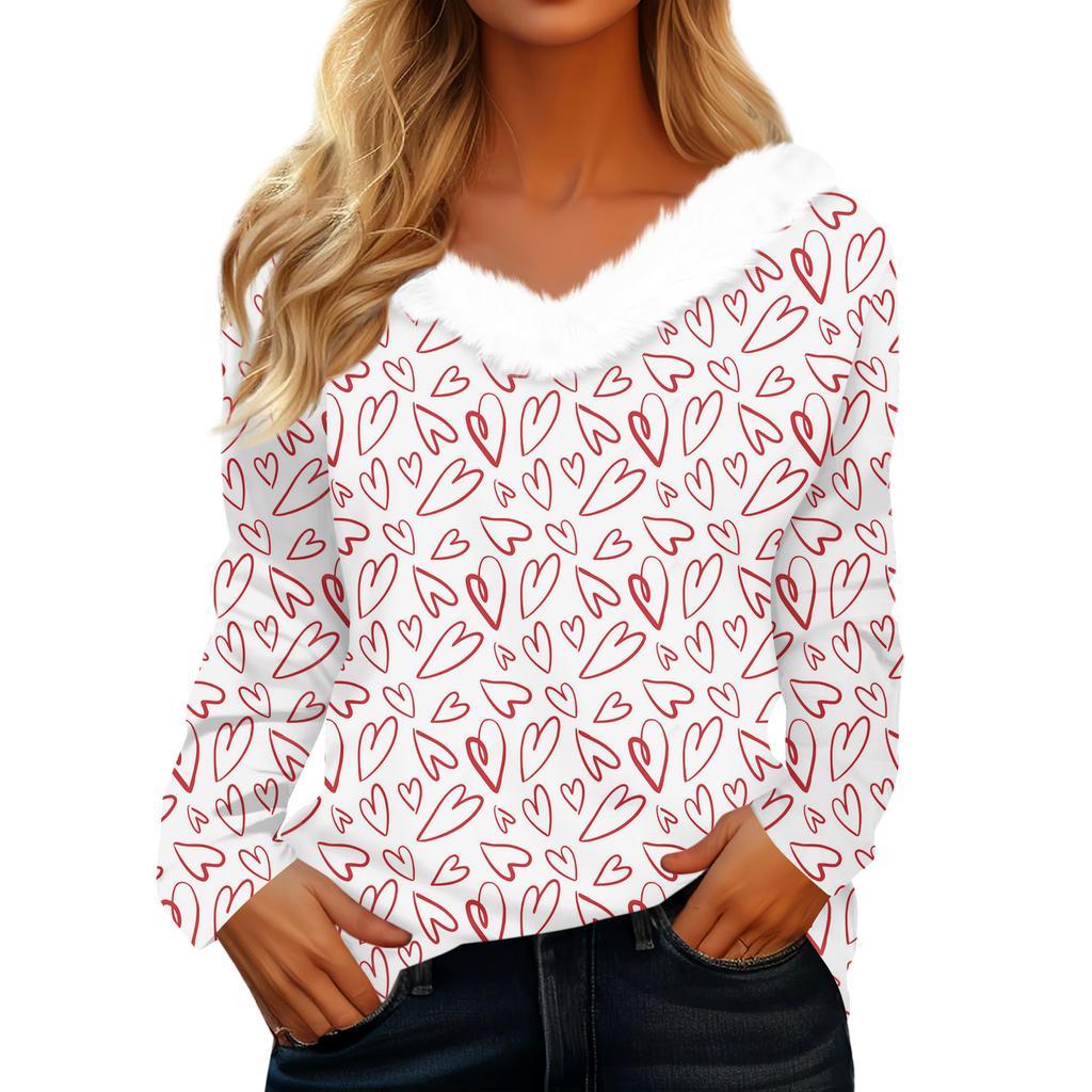Women's Valentine's Day Printed Long-Sleeved Shirt, V-Neck, Casual Loose-Fitting T-Shirt Top