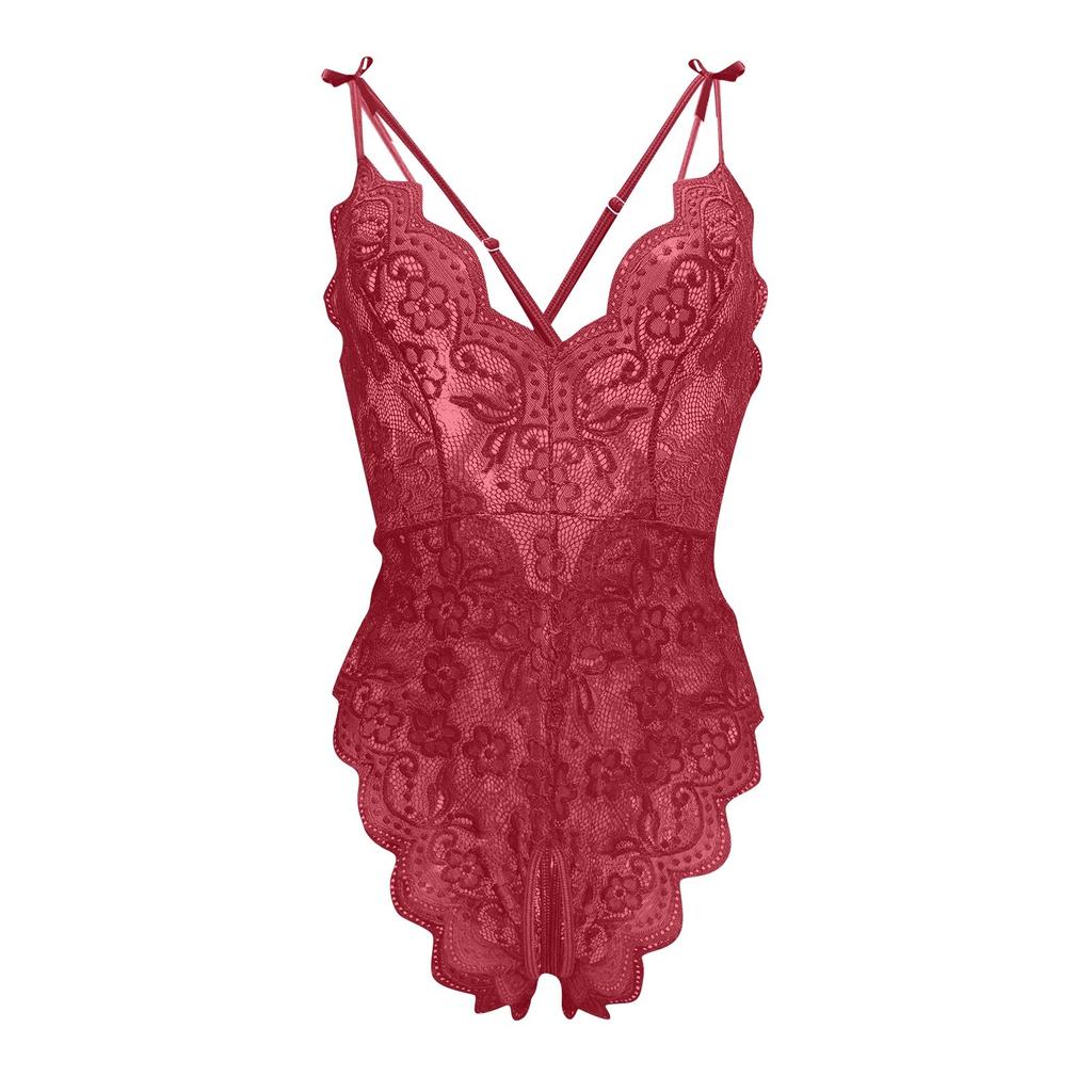 Women's Sexy Lace Lingerie Bodysuit Deep V-Neck Floral Lace Teddy, Adjustable Straps, One-Piece Sleepwear