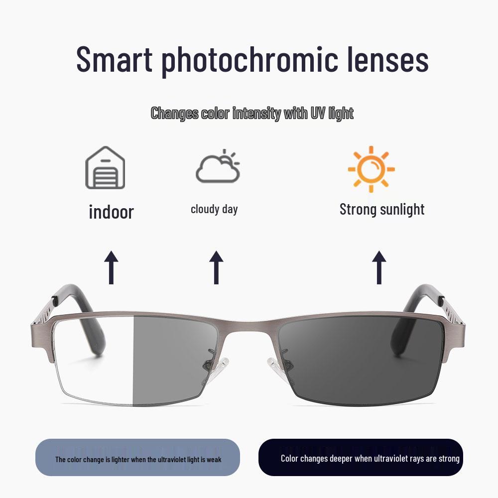 Photochromic Multifocal Anti-Blue Light Reading Glasses for Men & Women - Metal Frame, Business Use, High Definition