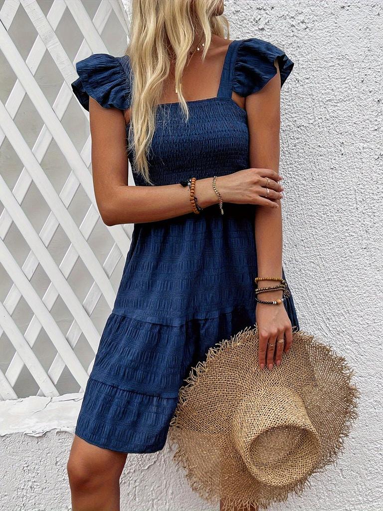 Elegant Ruffle Sleeveless Square Neck Solid Color Women's Dress