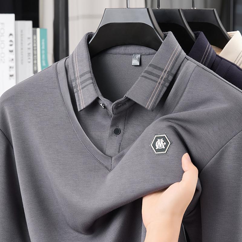 

Designer Original Men S Polo Shirt Checkered Lapel Fake Two Pieces Autumn New Print Long Sleeve T-Shirt Business Casual Menswear M серый