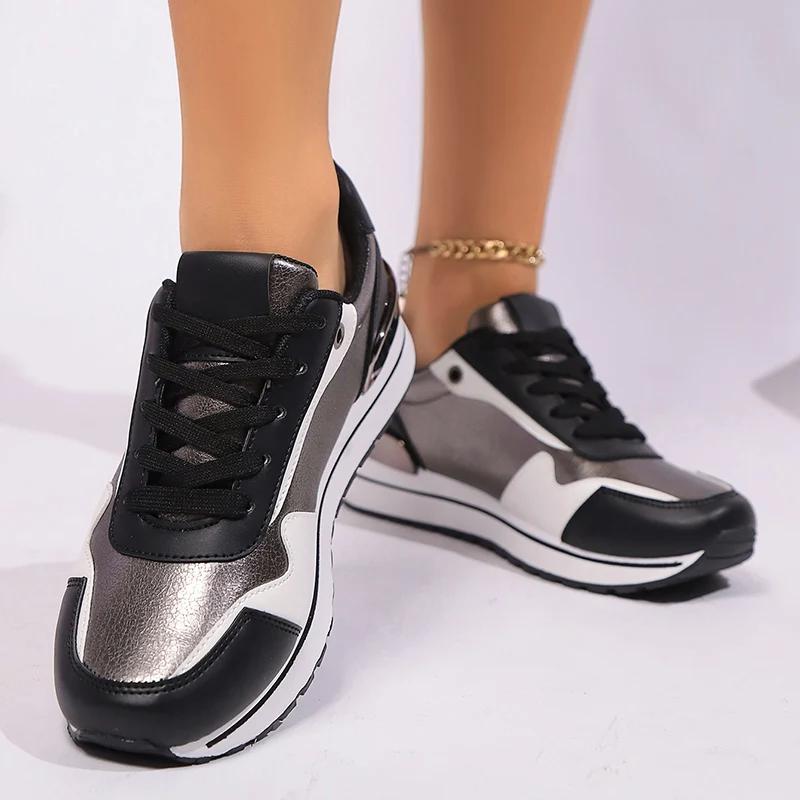 2025 New Leopard Print Platform Sneakers for Women Mixed Color Lace Up Flat Sneaker Woman Non Slip Casual Running Shoes Female